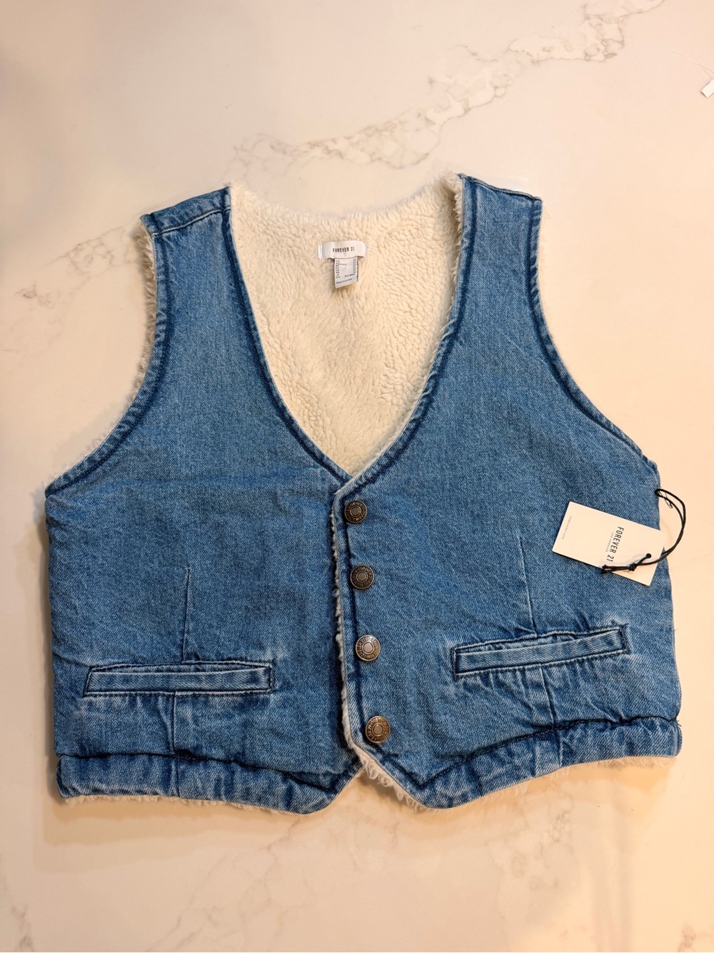 Forever 21 Kids Blue Denim Sherpa-Lined Vest